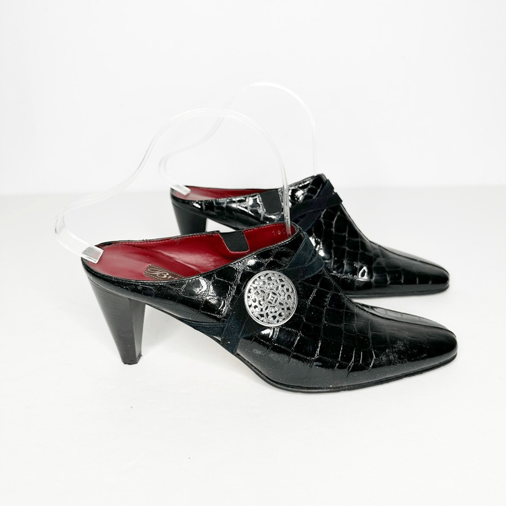 Brighton Romeo Mules Italian Black Patent Leather Kitten Heel Croc embossed 9.5 - Picture 3 of 7